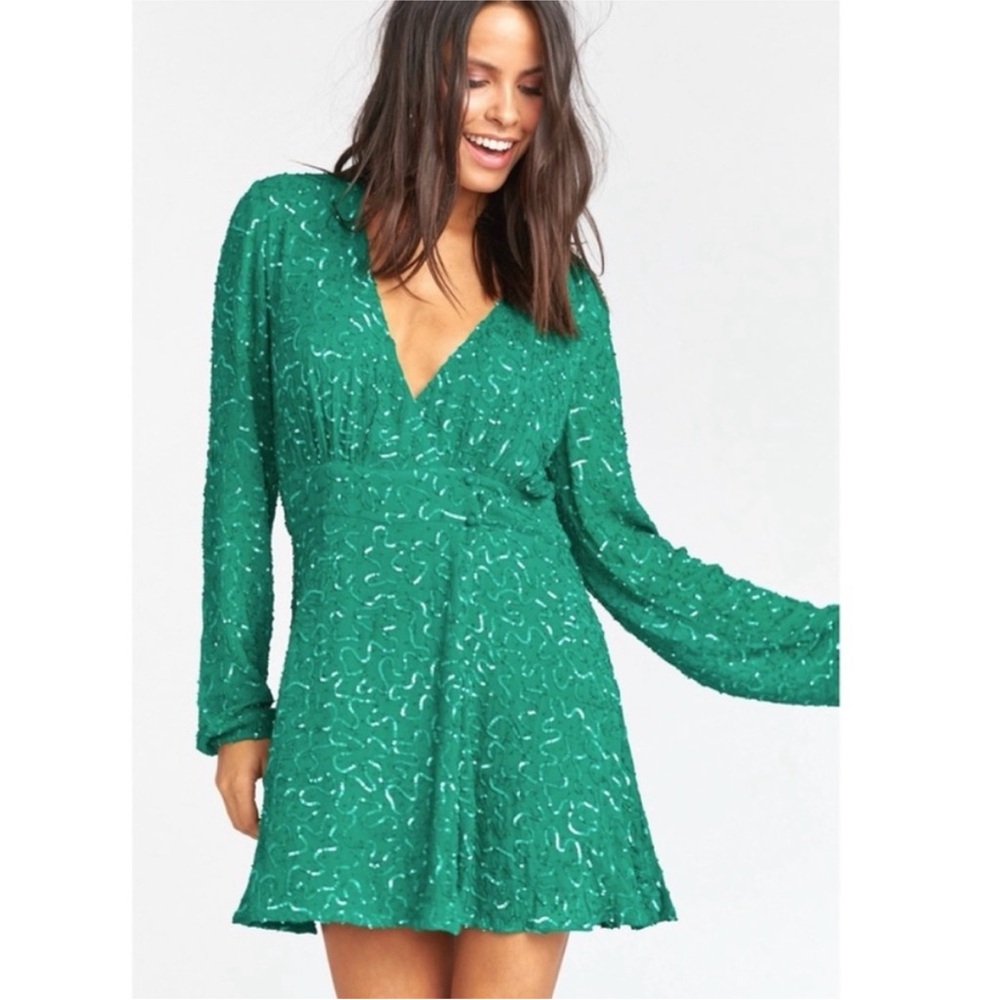 Show Me Your MuMu Phyllis Emerald Beaded Sequins Wrap Mini Dress
